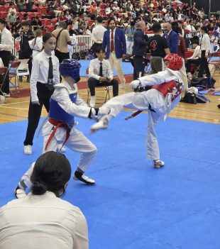 Taekwondo sparring match with a high kick at a tournament