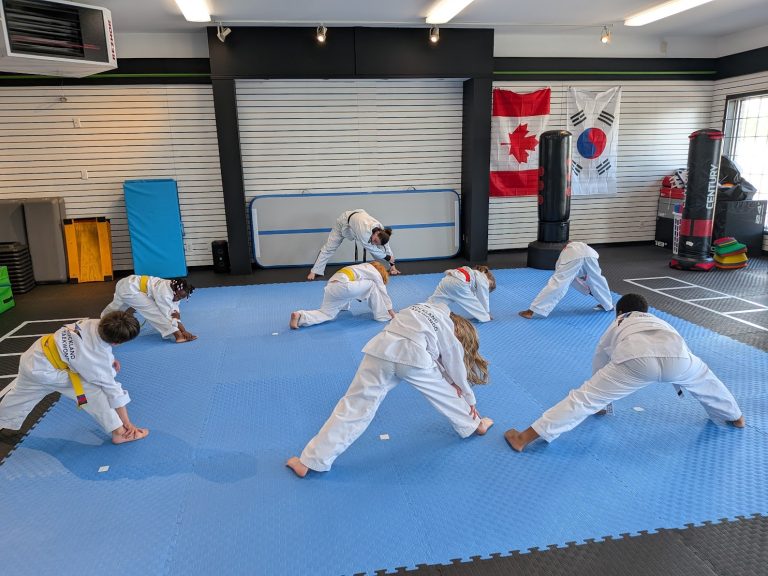 Young taekwondo students doing floor exercises during class in Rockland