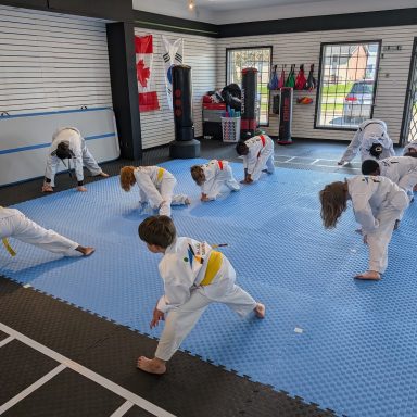 PXL_20260621_191803979 Kids taekwondo class practising stretches on the mats in front of the flags at The RAZ