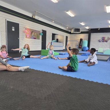 Kids Gymnastics Party Class at The RAZ Coach sitting with a group of kids on the gym mats at The RAZ