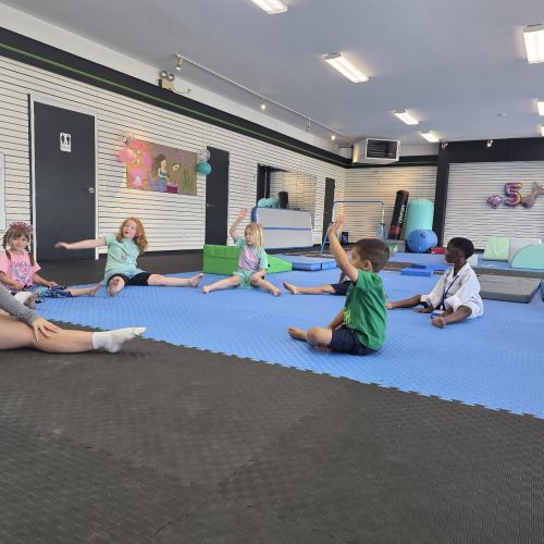 Kids gymnastics class and birthday party on blue mats at The RAZ in Rockland Ontario with foam wedge obstacles, balance beam and soft plyo boxes.