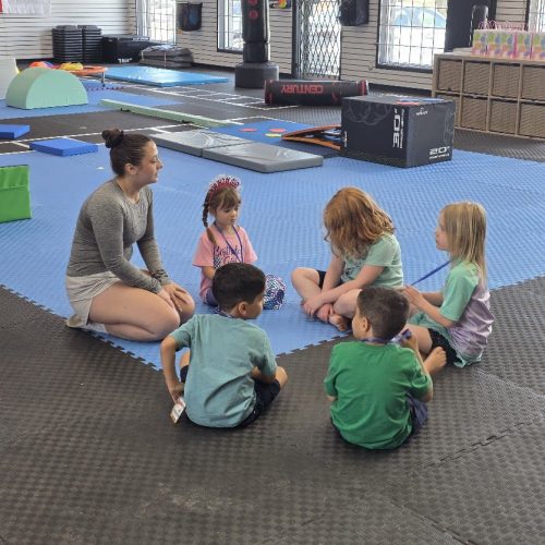 Kids taekwondo class sitting with an instructor on padded mats at The RAZ in Rockland Ontario with punching bags and agility equipment.