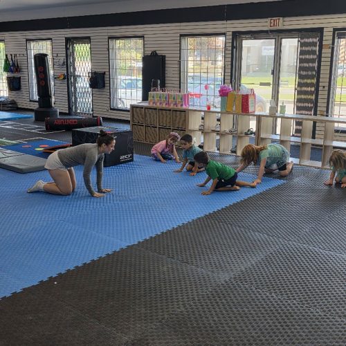 Toddlers in a gymnastics class on blue mats at The RAZ in Rockland Ontario with padded equipment, bars and foam blocks.